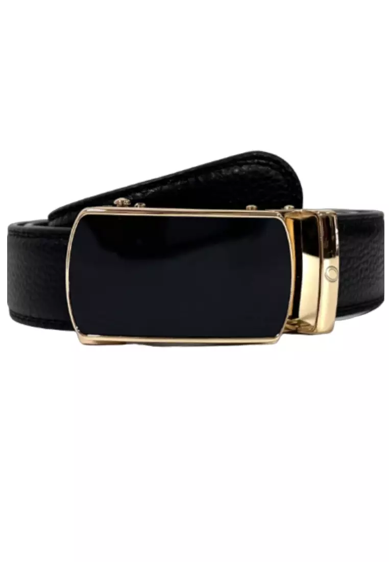 Signature Monogram HIRATSUKA Debossed Black Gold Belt for Men