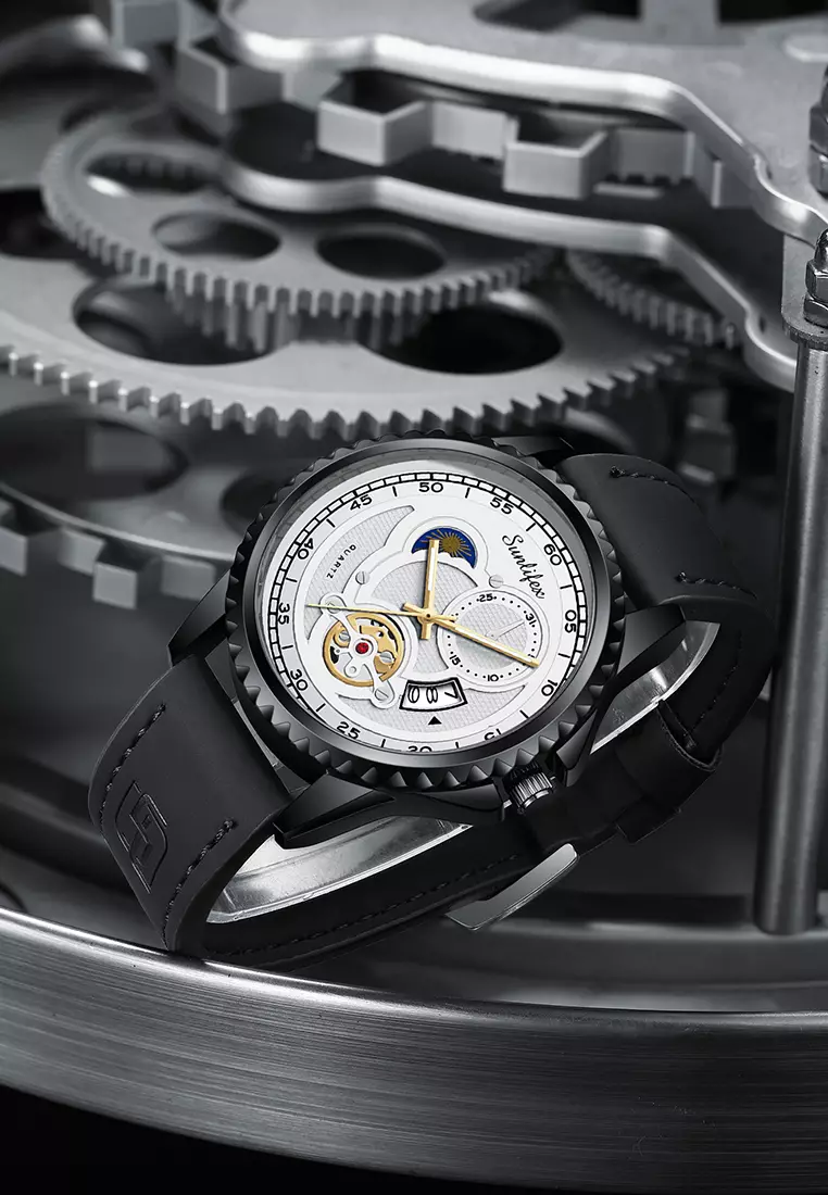 Jam Tangan Pria Quartz Tanggal Luminous Kuarsa Mode Tali Kulit Jam Tangan Cowok 9114 blackwhite