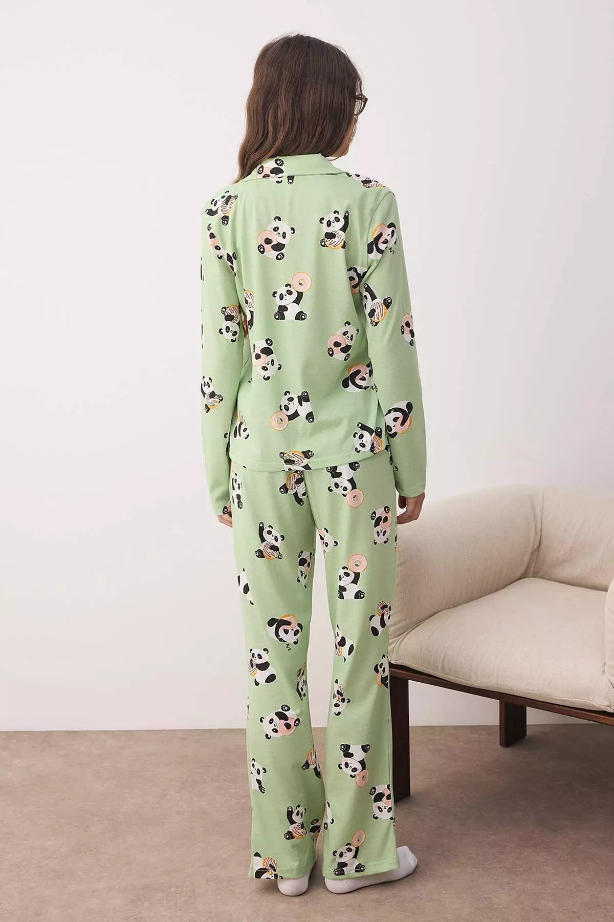 Green-Multicolored Panda Patterned Knitted Pajama Set Thmaw26Pt00049