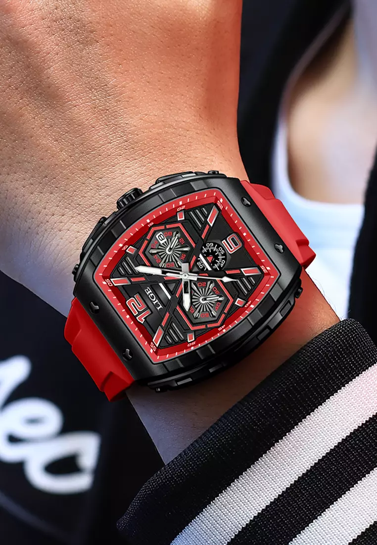 Unisex Tonneau Shaped IP Black Quartz Watch on Rubber Strap