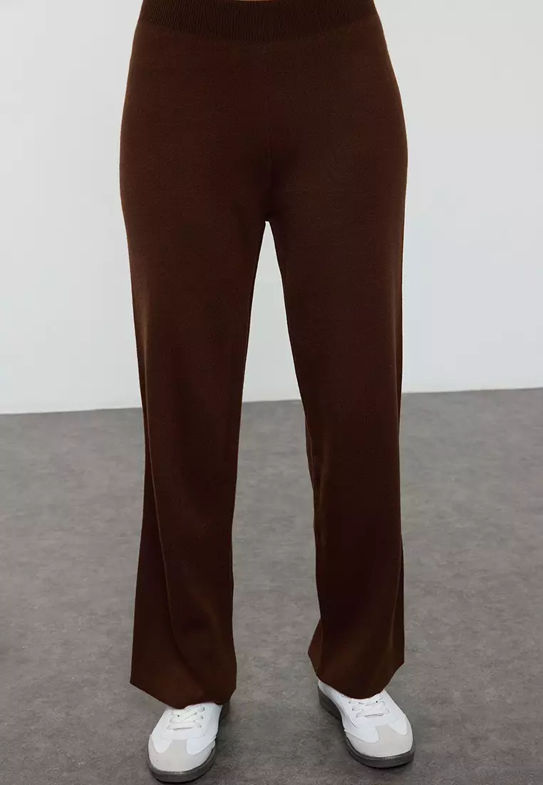 Brown Striped Knitted Trousers Bottom-Top Set Twoaw24Au00045