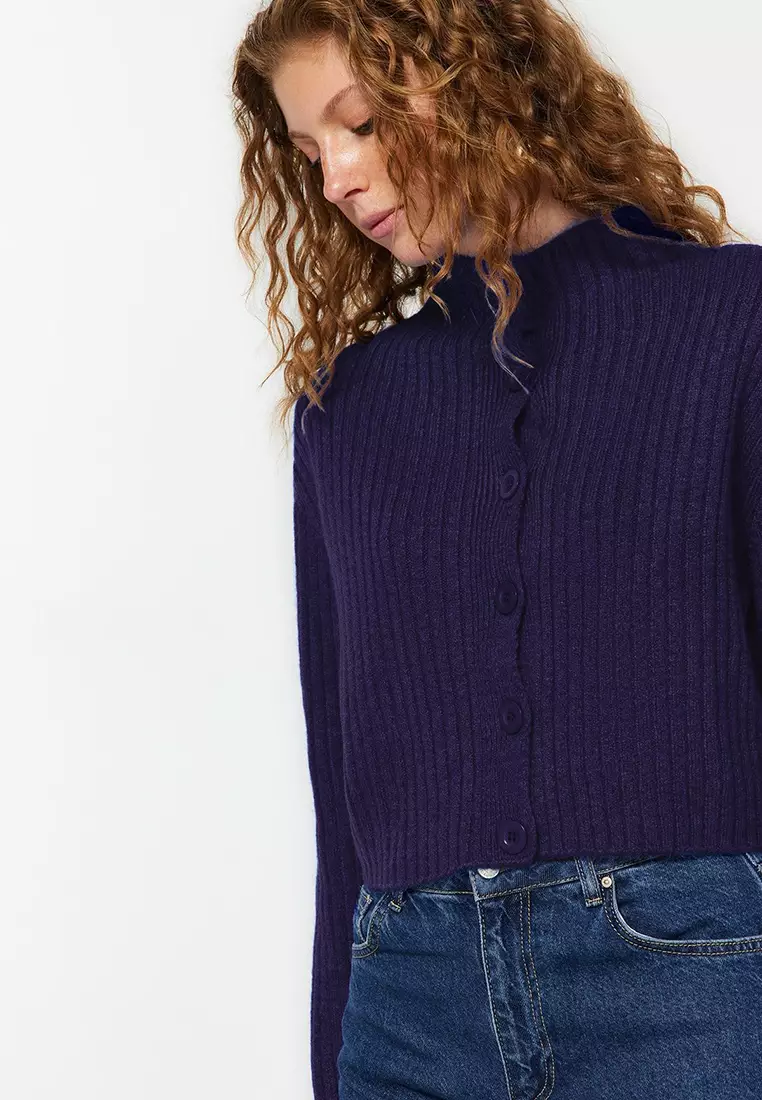 Navy Blue Crop Soft Textured Stand Collar Knitwear Cardigan