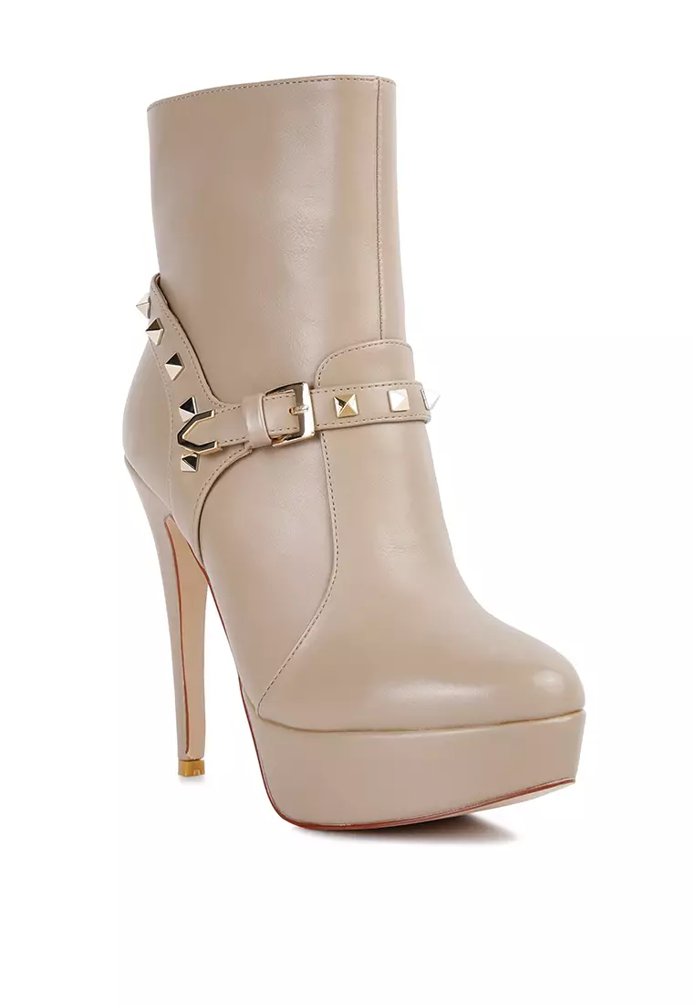 Taupe Metal Stud faux Leather Ankle Boot