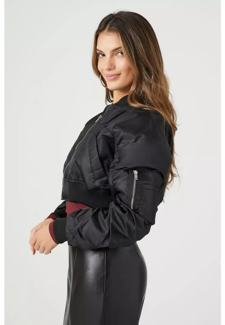 Forever 21 black bomber jacket online