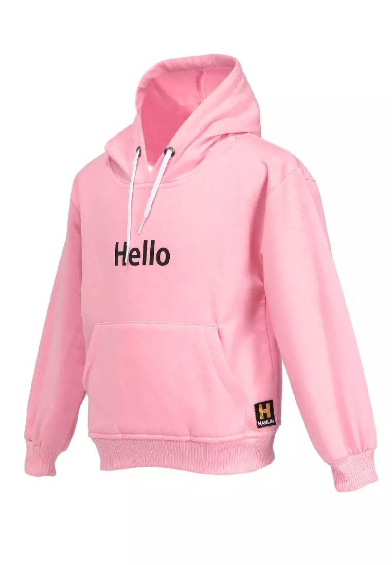 Finlay Sweater Hoodie Anak Unisex Motif Hello Kids Outerwear Material Fleece ORIGINAL - Pink