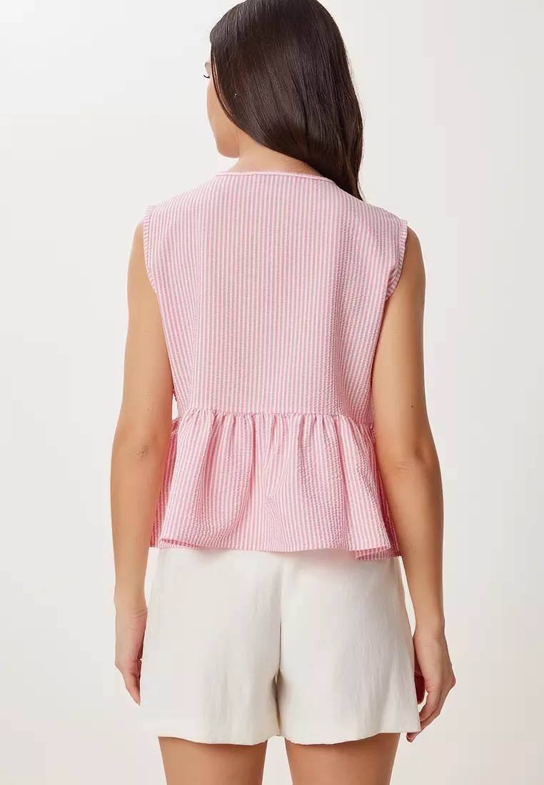 Women's Pink Bone Striped Flounced Tie Detail Woven Blouse Dd01358