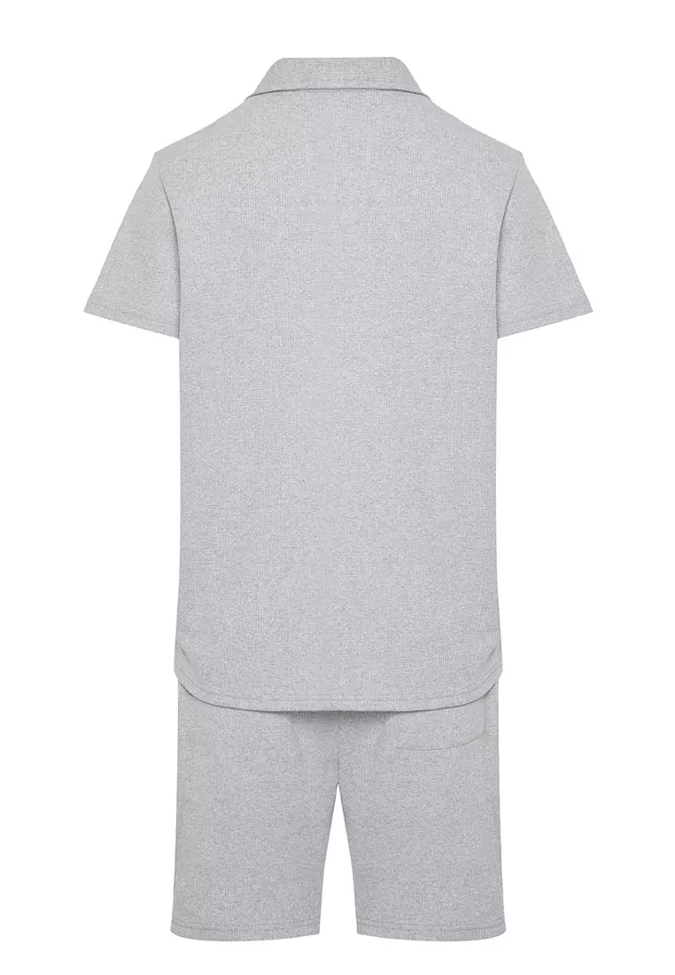 Gray Regular/Normal Cut Textured Fabric Labeled Polo Collar Tracksuit Set TMNSS23EM00003