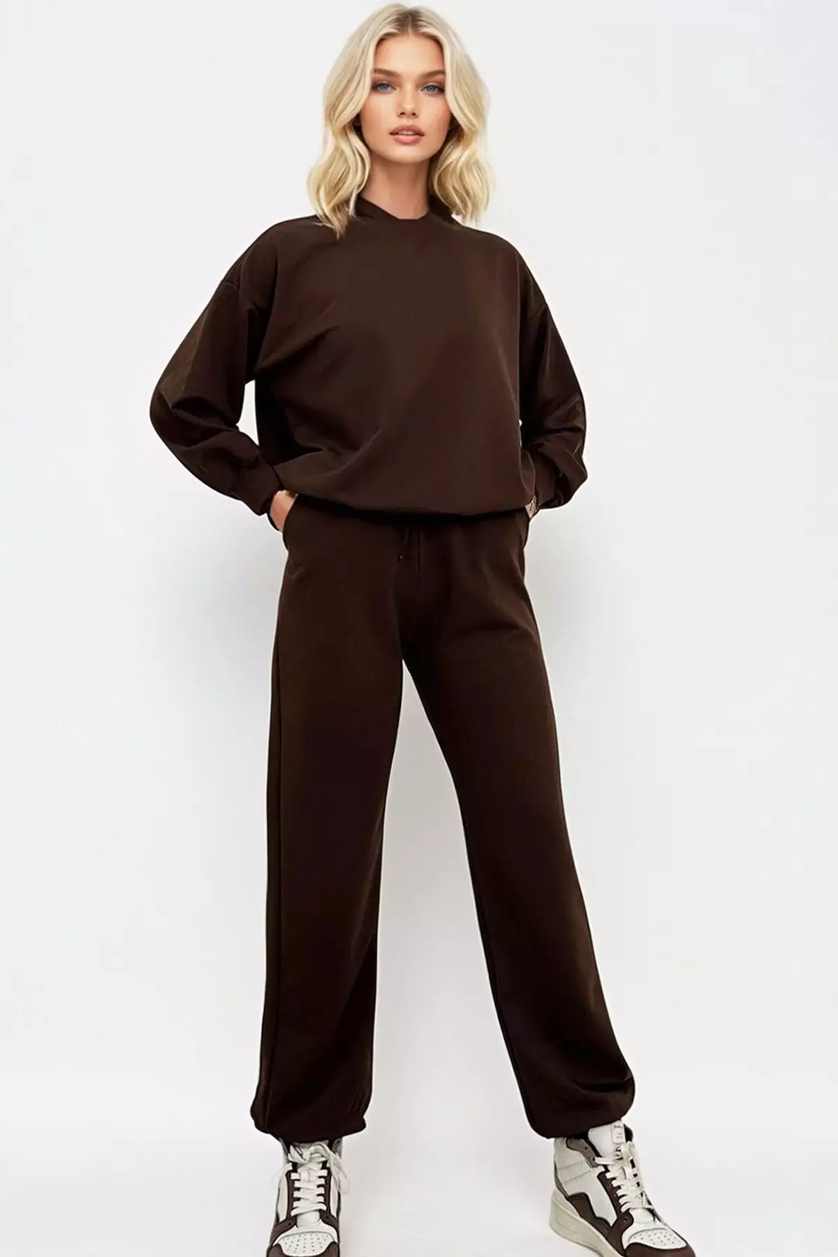 Women's Brown Bike Neck Elastic Waist and Leg Basic Tracksuit
