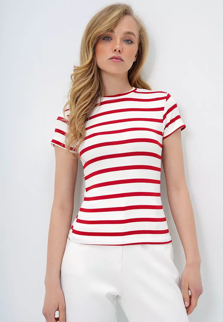 Women's Red Crew Neck Half Sleeve Striped Crop Blouse Alc-X13348