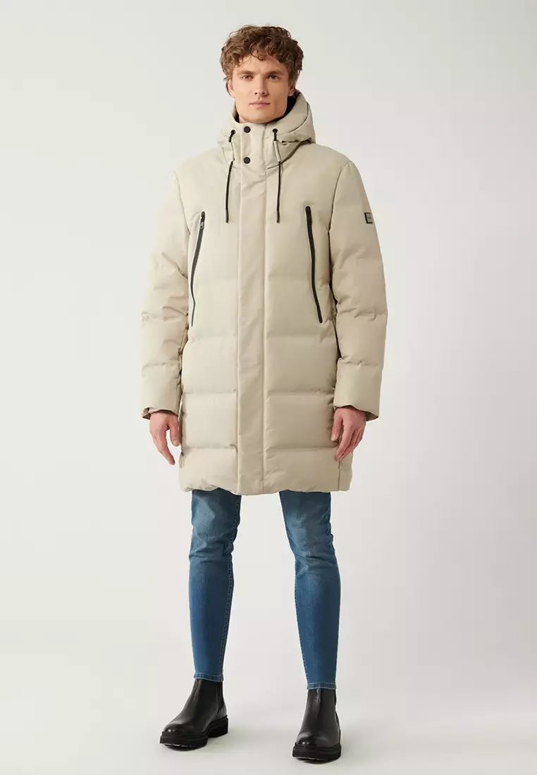 Men's Beige Hooded Goose Feather Water Repellent Long Coat A32Y6047