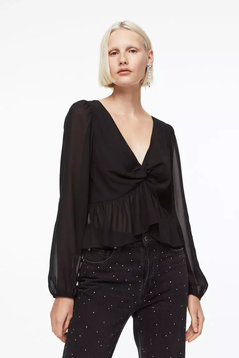 Jual H&M Balloon-sleeved peplum blouse Original 2023 | ZALORA