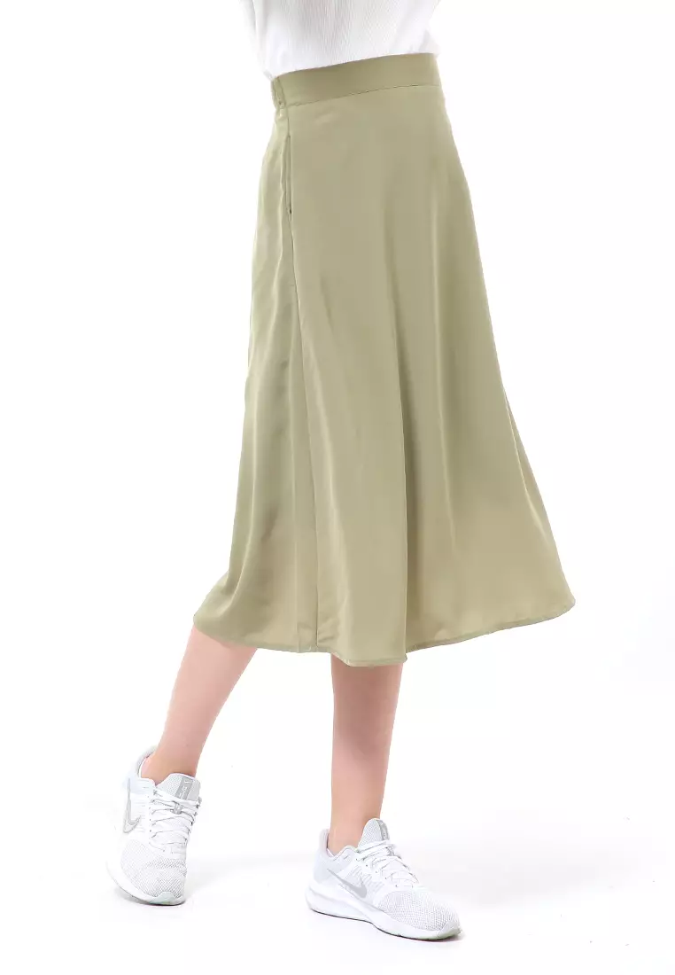 Trisha Rok Midi Wanita Model A-Line Simple Palin Motive Material Crepe ORIGINAL - Olive