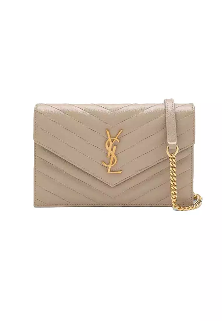 YSL Matelasse Envelope Chain Wallet In Grain De Poudre Embossed Leather Dark Beige/Gold 742920BOW01