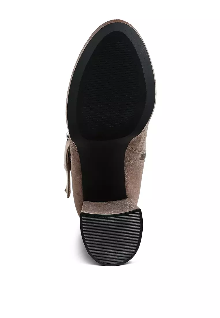 Flared Block Heel Mid-Calf Boots in Taupe