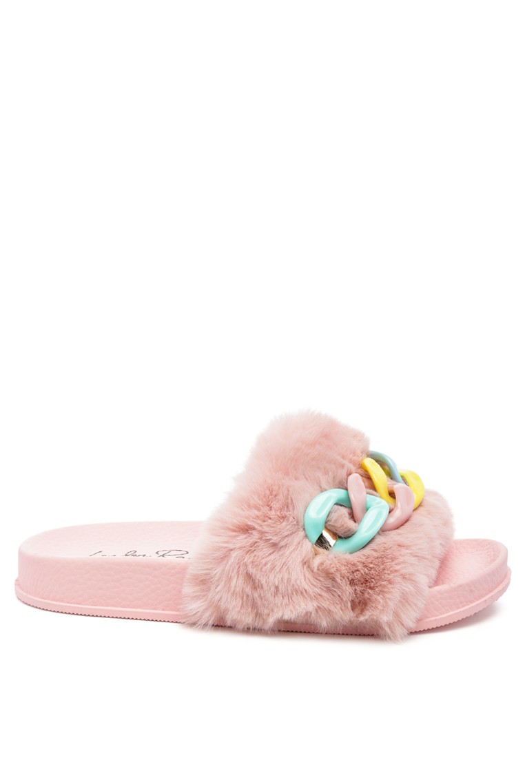 Acrylic Chain Strap Fur Slides in Pink