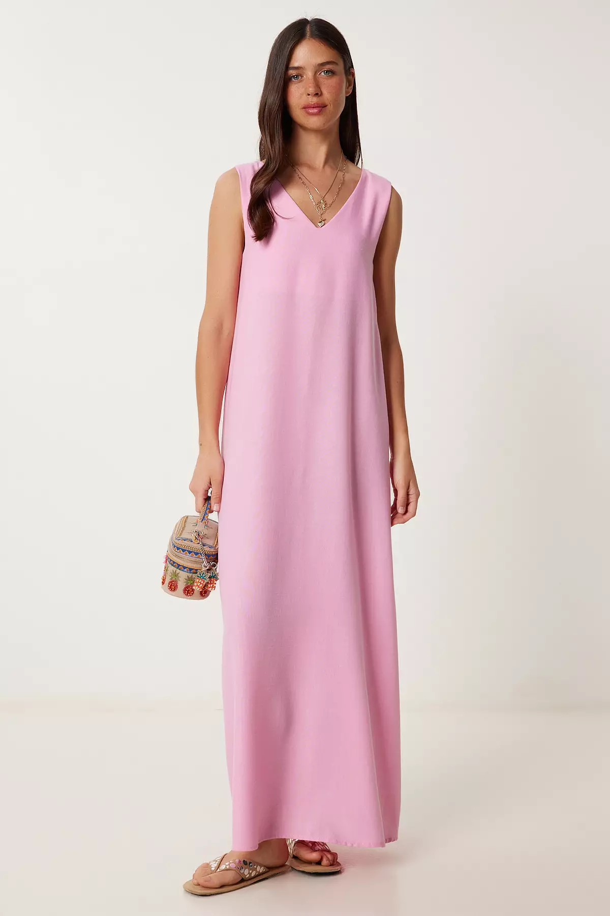 Women's Pink Sleeveless Basic Summer Linen Dress Dz00128