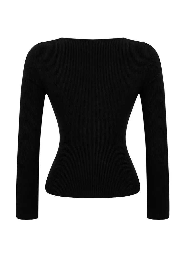 Black Premium Yarn/Special Yarn Fitted/Skin Fitting Top Drape Knitwear Sweater
