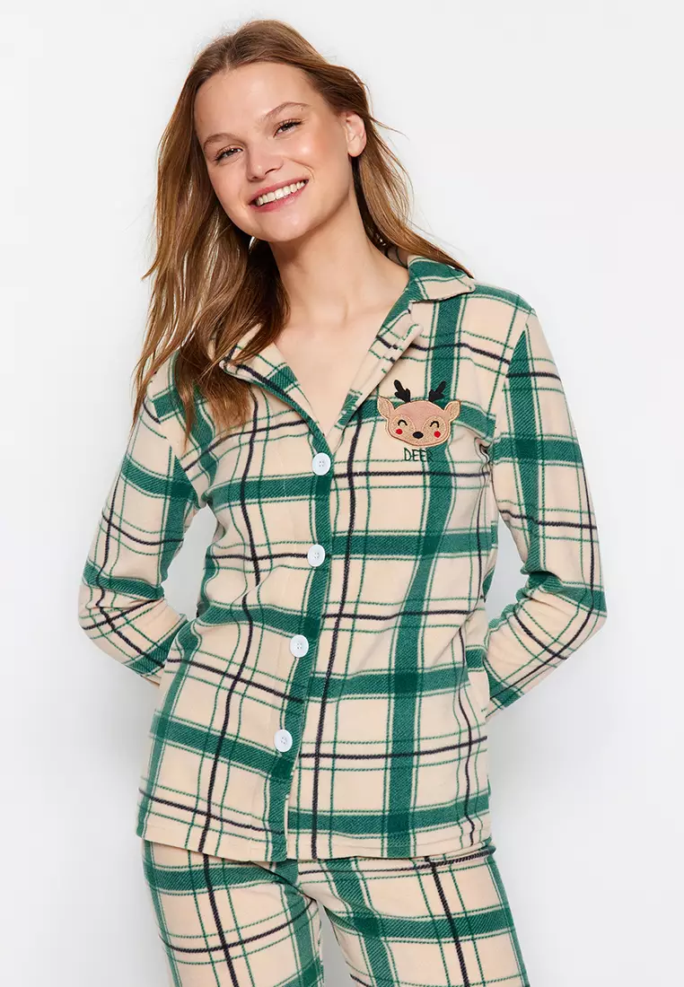 Green Embroidered Plaid Polar Fleece Winter Knitted Pajama Set THMAW24PT00175