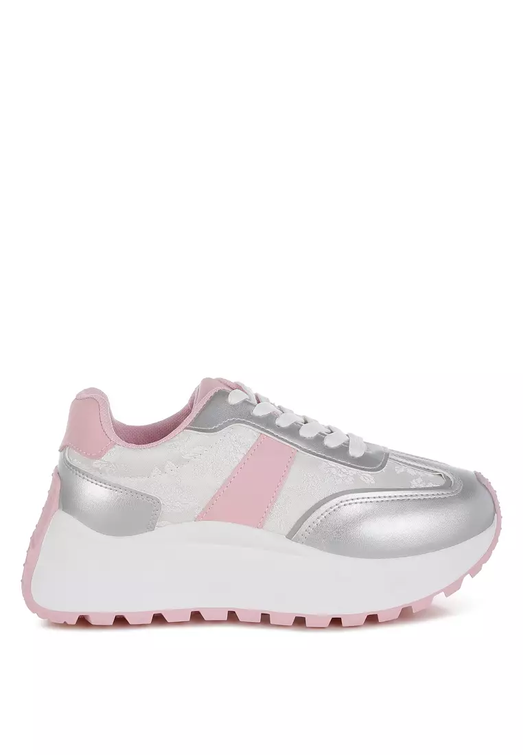 Discount on London Rag  shoes - SKU: Print Embroidery Detail Metallic Sneakers in Silver & Pink