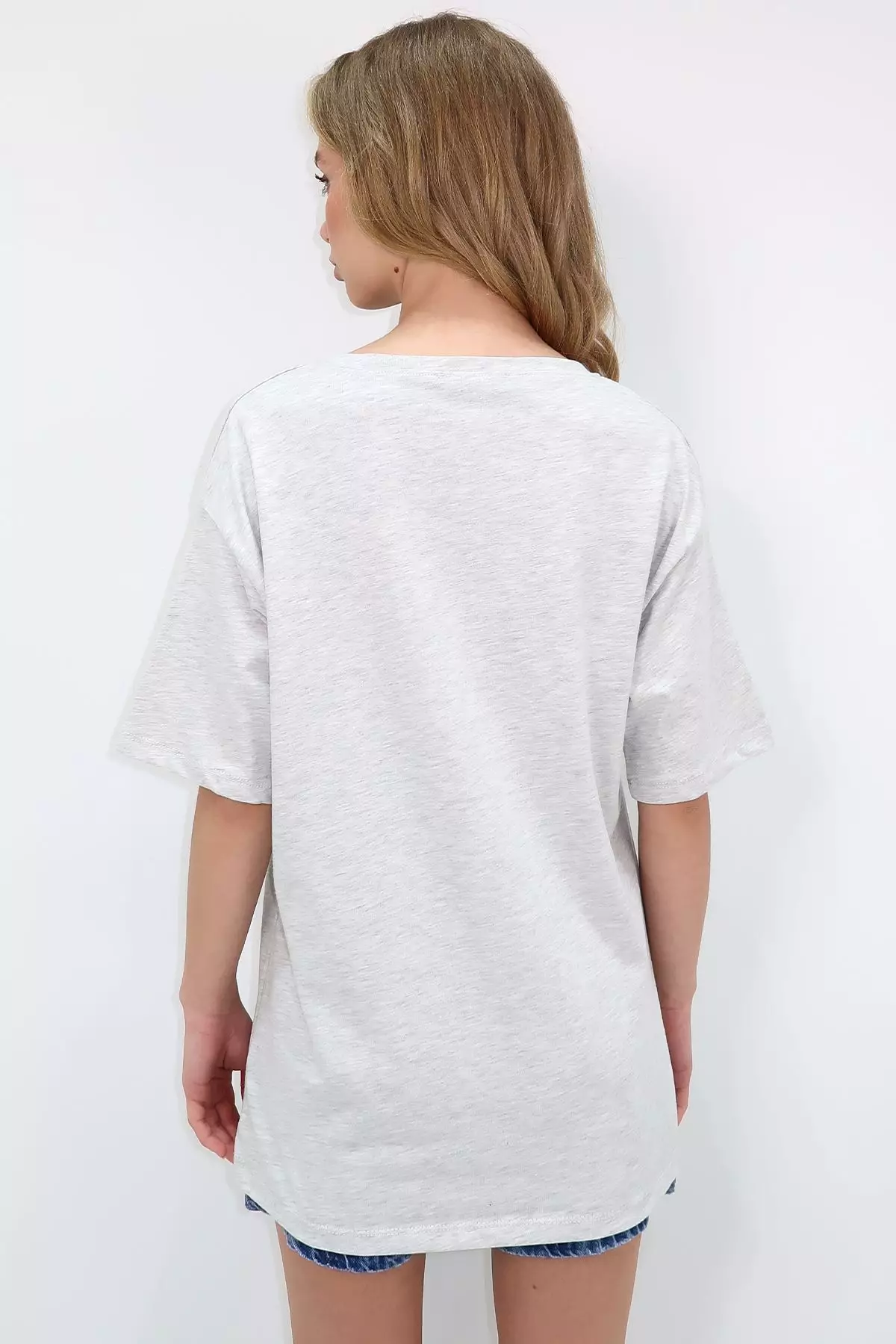 Women's Grey Crew Neck Oversize Pearl and Stone Embroidered T-Shirt