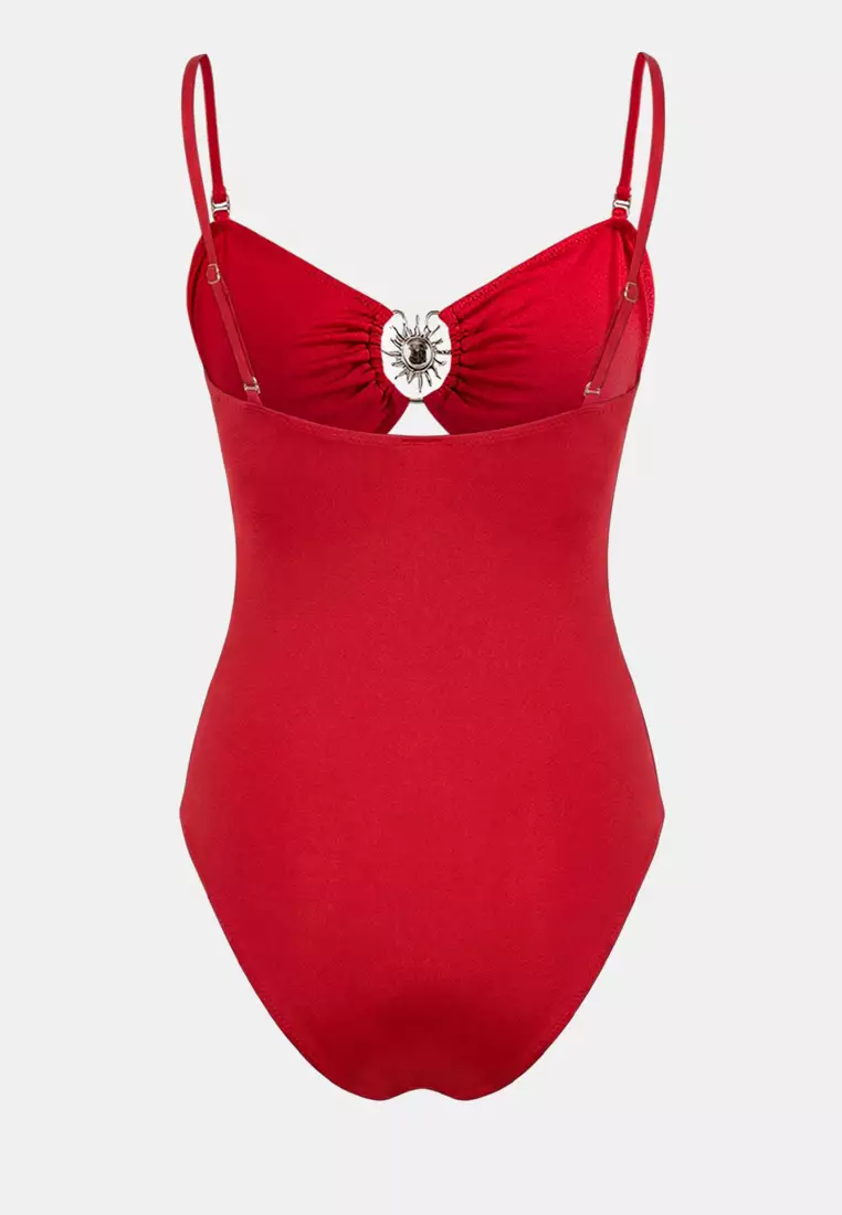 Red Cut Out Detailed Strapless Covered Regular Swimsuit Tbess25Ma45