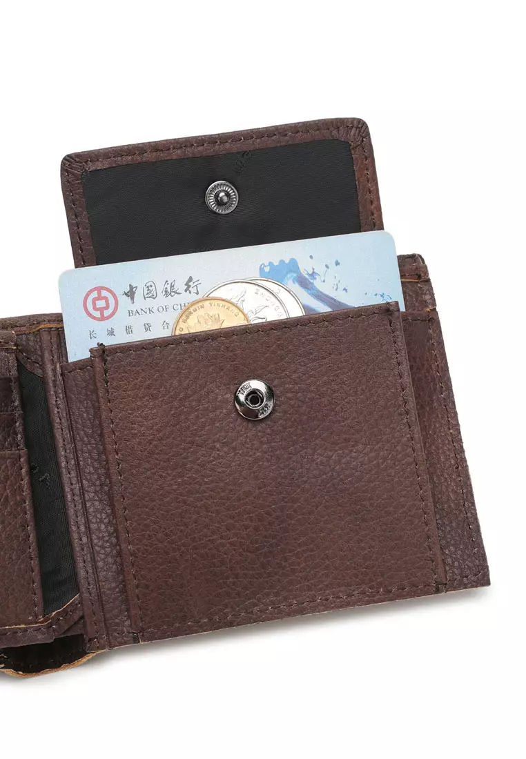 Men's RFID Genuine Leather Bi Fold Center Flap Short Wallet With Coin Compartment