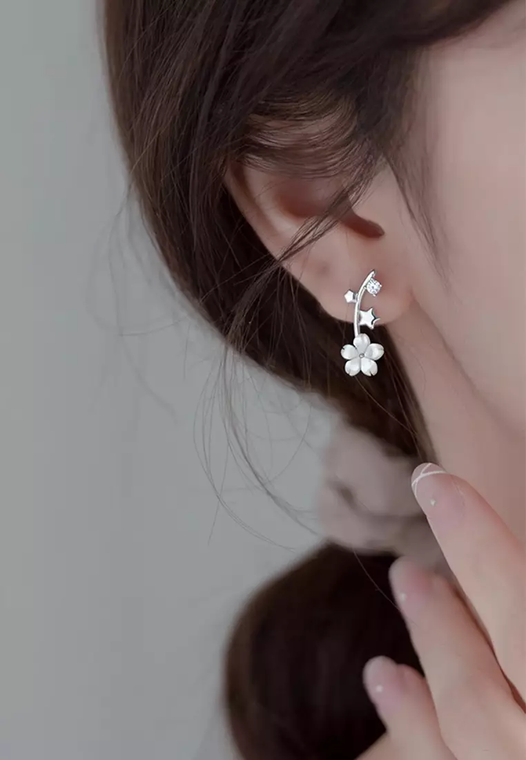 925 Silver Zircon Artificial Shell Stone Floral Earrings JW AR-M00726