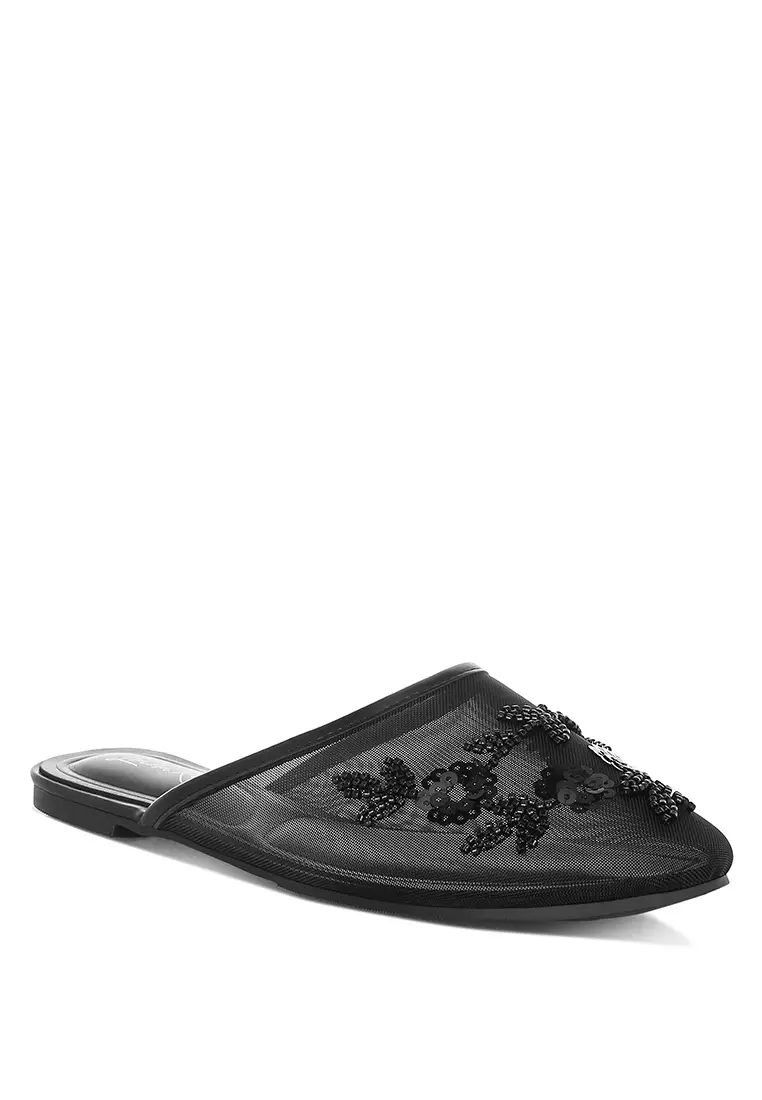 Mesh Sequin Beaded Mules In Black