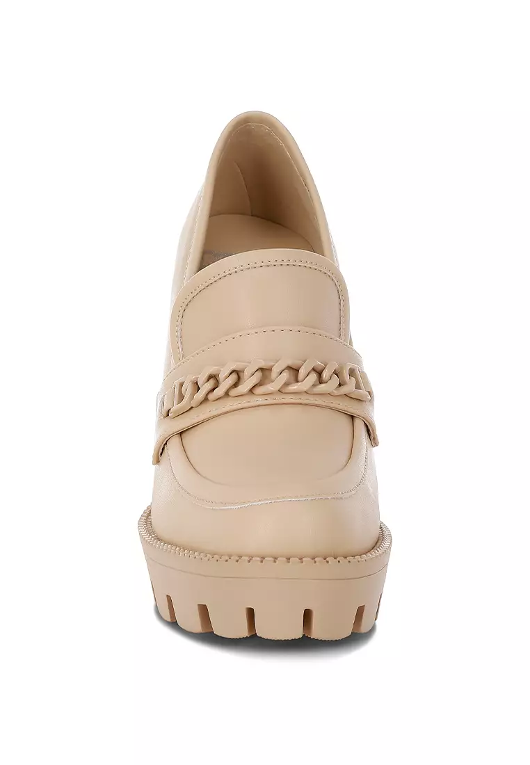 Chunky Chain Link Heeled Loafers in Beige