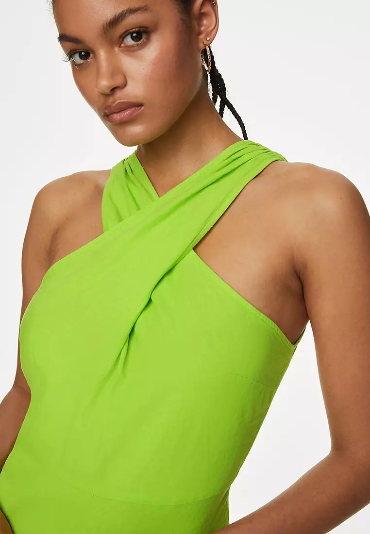 Linen Rich Halter Neck Midi Swing Dress