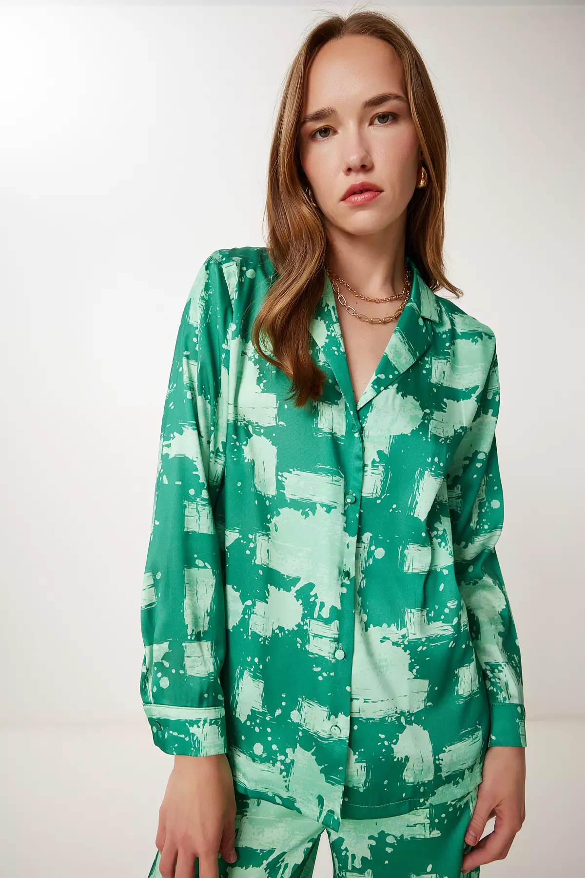 Women's Green Patterned Satin Shirt Pants Suit Fg00036