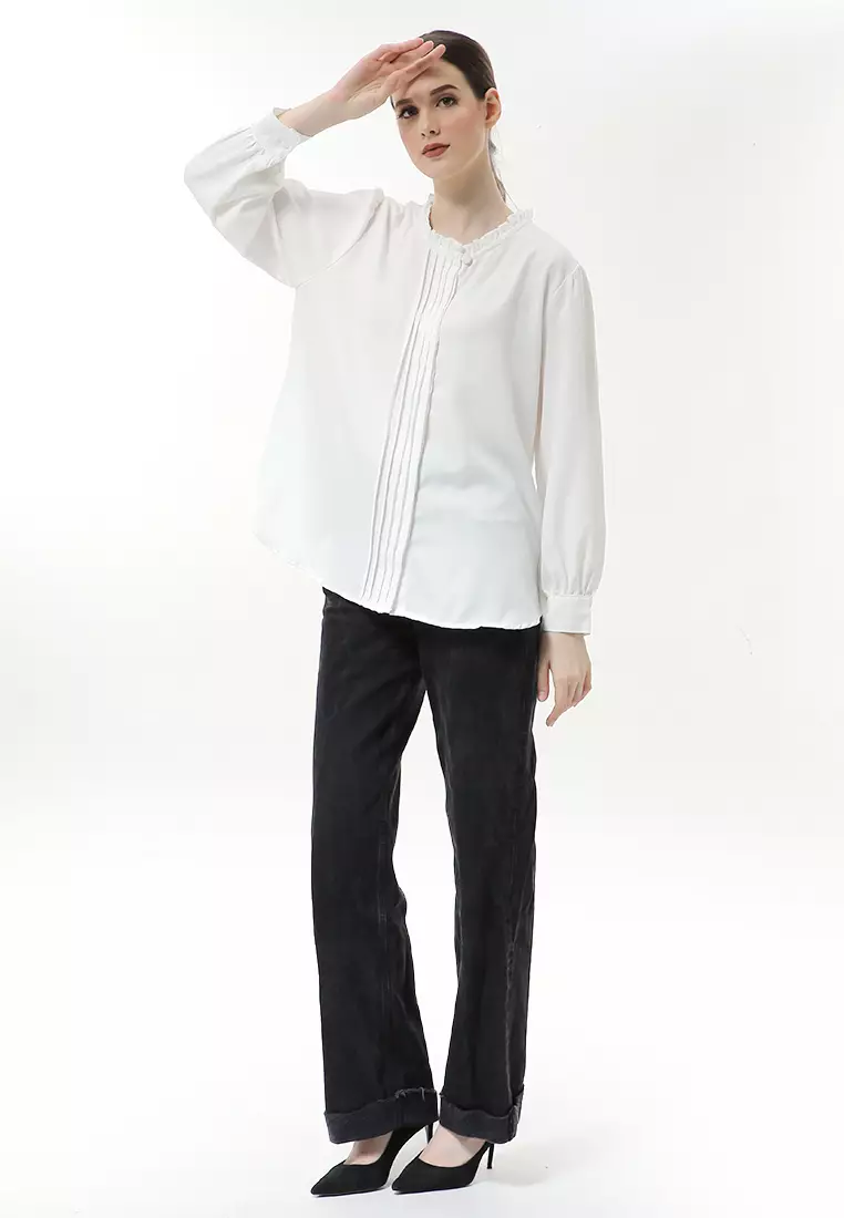 Vionka Kemeja Atasan Wanita Opnaisel Motif Polos - Broken White