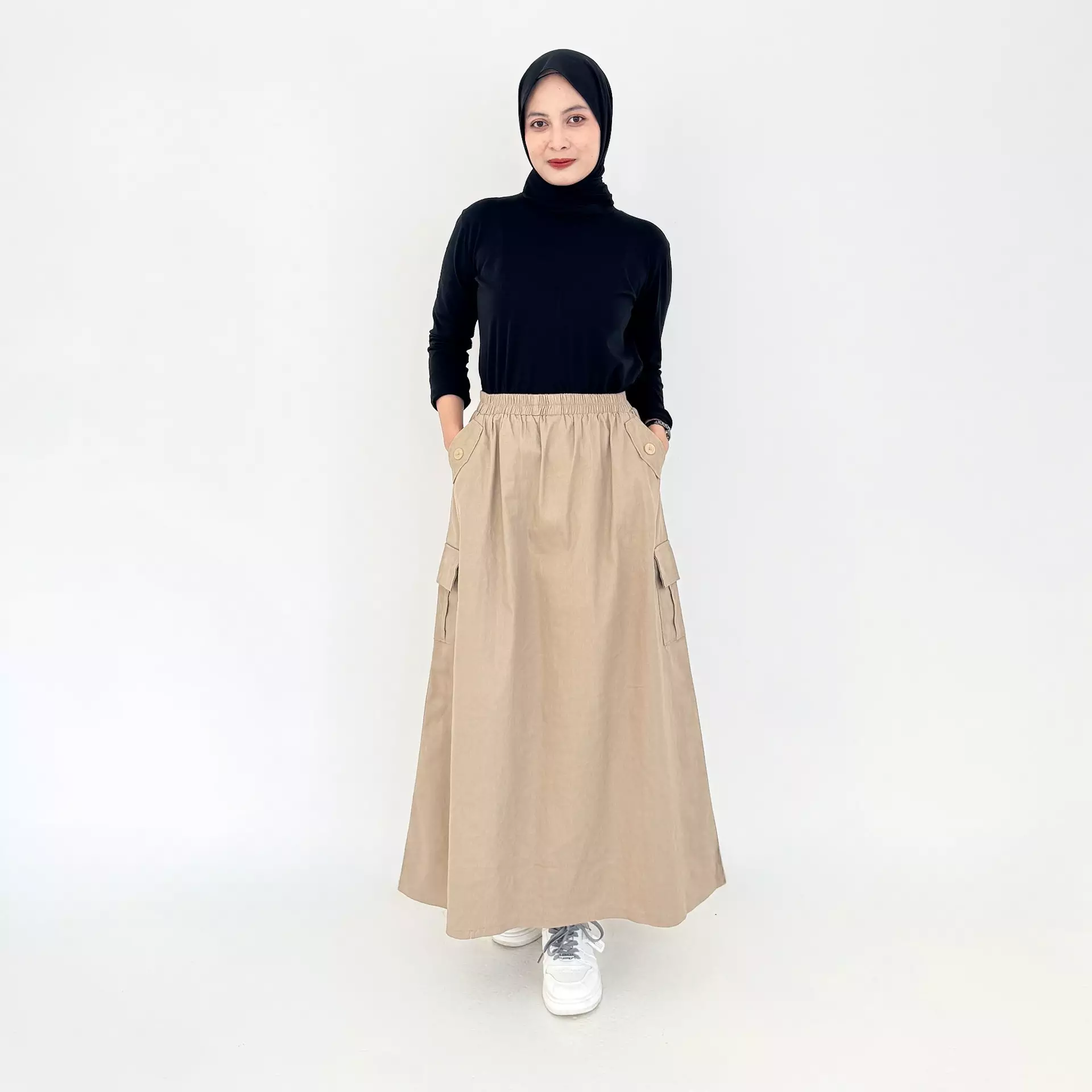 Rok Cargo Twill Katun [COKLAT] Bawahan Panjang Casual Wanita Fit 80 Kg