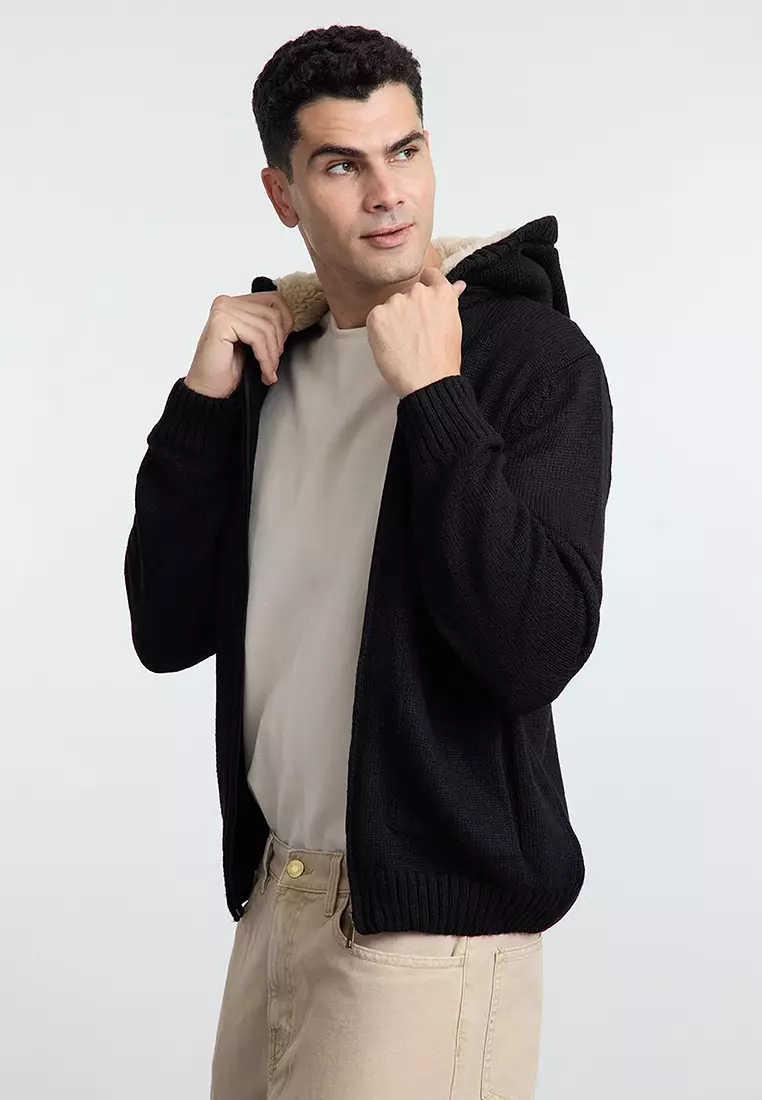 Black FL Men's Regular Hooded Plain Knitwear Cardigan TMNAW20HI0066