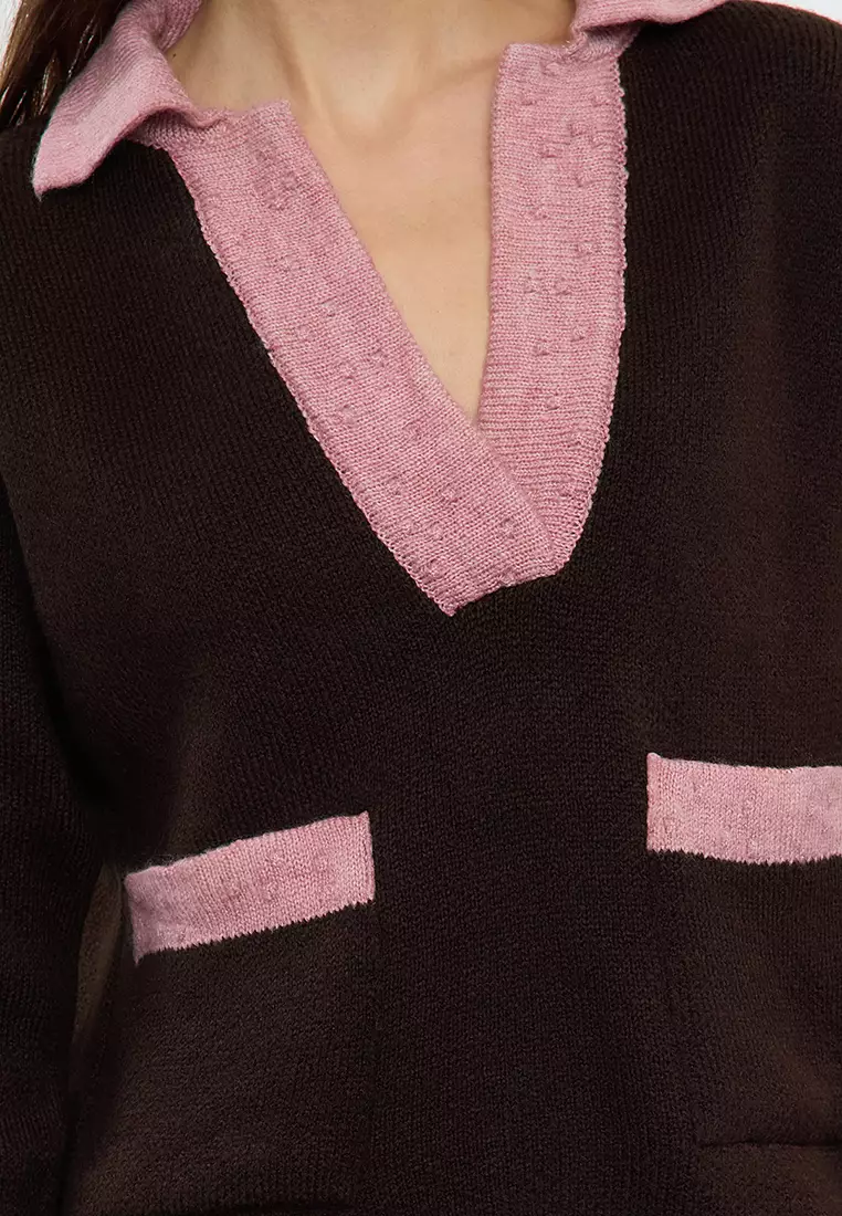Color Blocked Soft Knitwear Sweater Brown