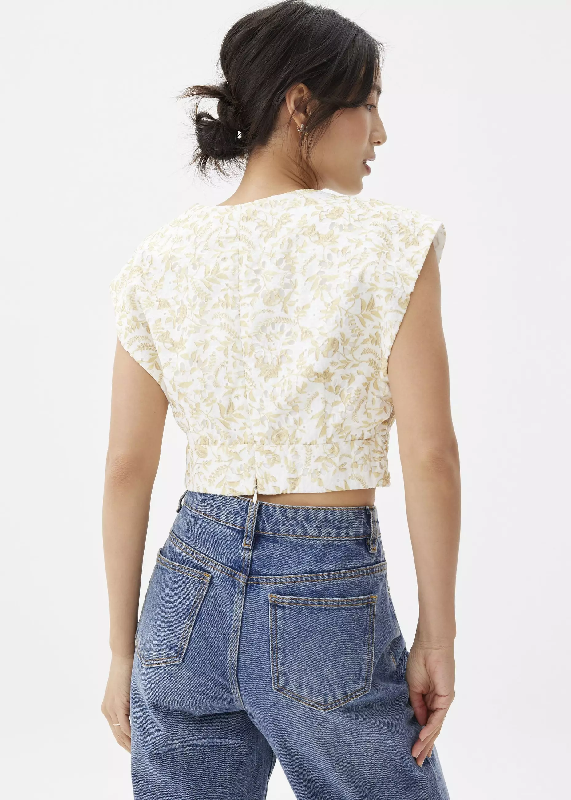 Atasan Wanita - Floral Broderie V-neck Crop Top