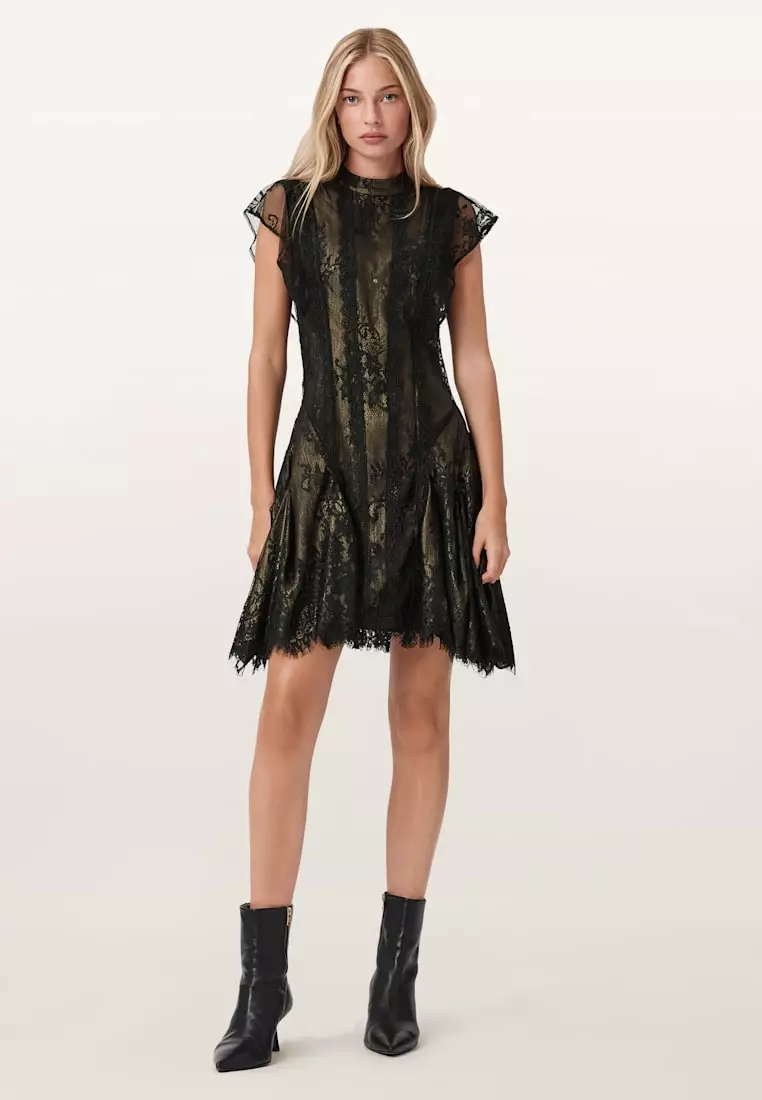 Buy AllSaints Fleur Textured Asymmetric Hem Dress 2025 Online | ZALORA