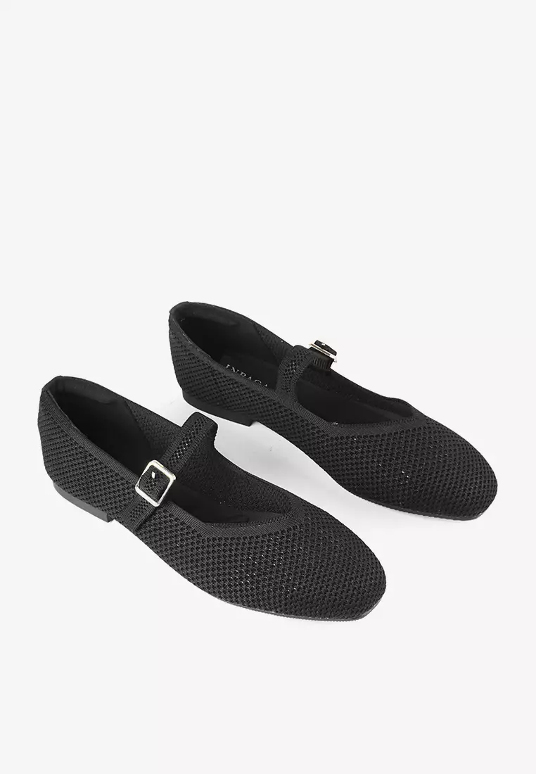 Maia Ballerina Knit Flatshoes Square Toe Mary Jane in Black