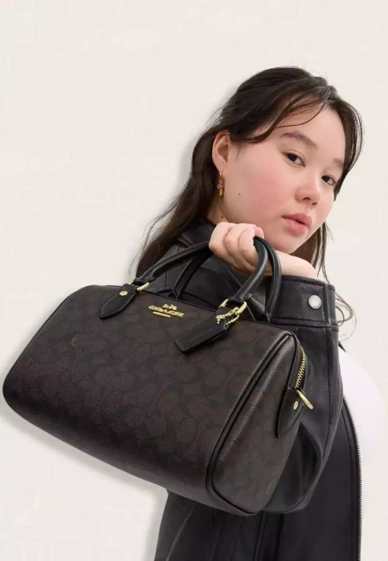 Coach Rowan Satchel Bag In Signature Canvas Walnut Black