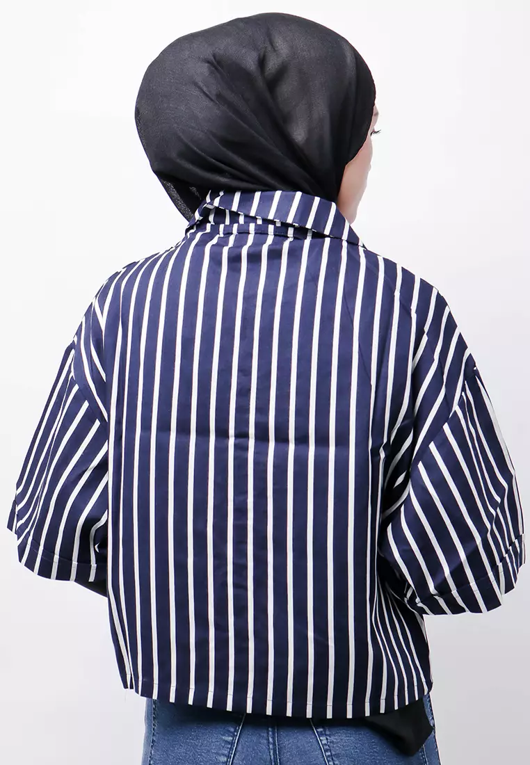 FTA58 Lkm Kemeja Oversize Wanita Tangan Pendek Tripe Putih Navy