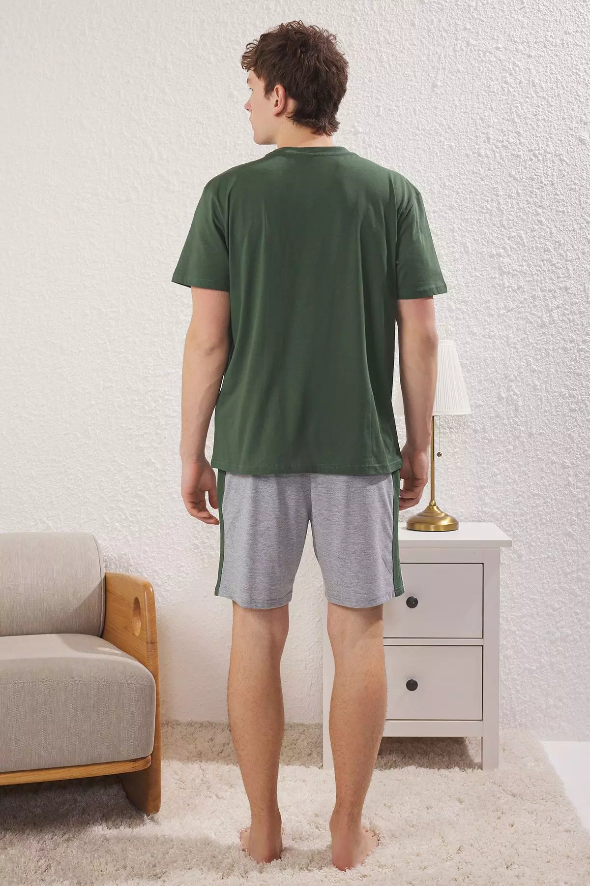 Green Regular Fit Paneled Knitted Shorts Pajama Set TMNSS25PT00035