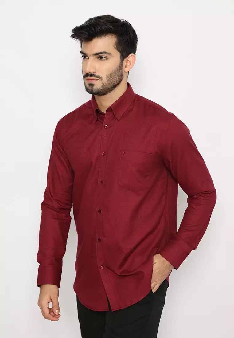 Jobb Brioni Kemeja Pria Lengan Panjang Regular Fit Maroon