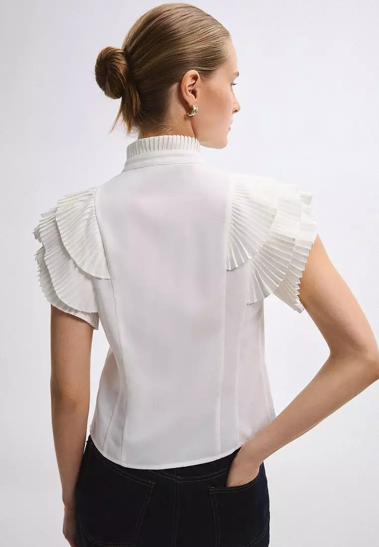 Ruffled Placket Top - White