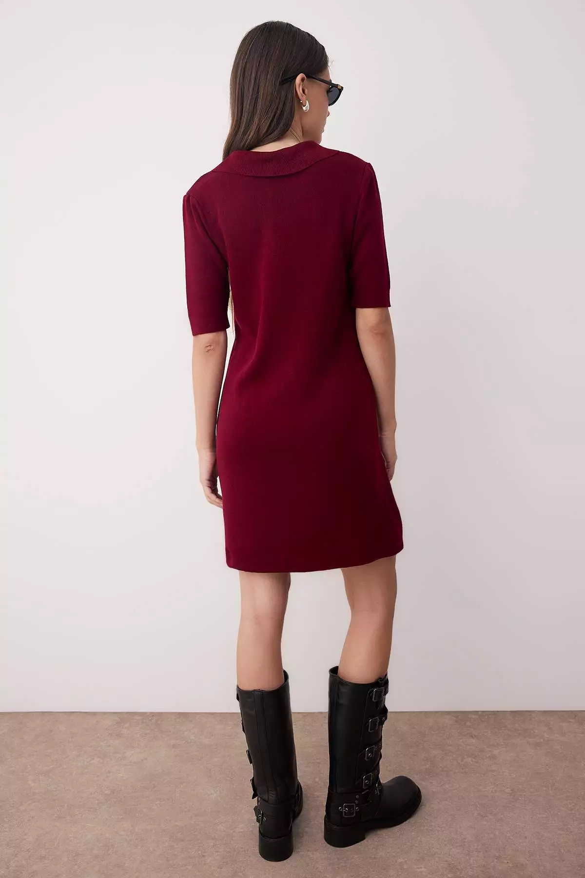 Burgundy Color Block Short / Mini Polo Neck Knitwear Dress Twoaw26El15