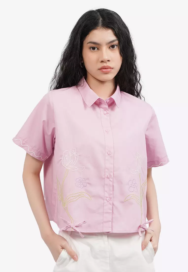 Embroidered Bow Short Sleeve Shirt