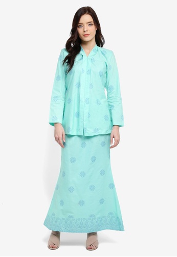 Cotton Tradisional Kebaya With Songket Print (Tabur) from Kasih in Green and Blue