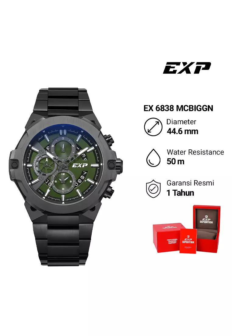 Expedition EXP - Jam Tangan Chronograph Pria - Black Case Green Dial Stainless Steel - 6838 MCBIGGN