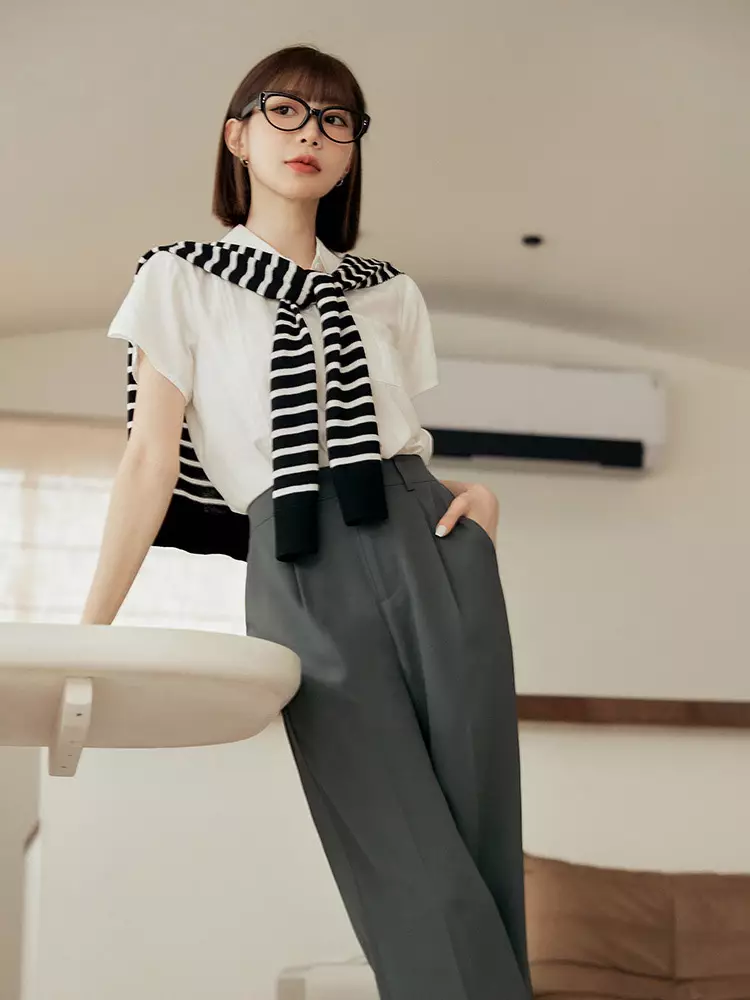 Wrinkle-Resistant Elastic Waist Straight-Leg Cuffed Suit Pants [BA6173]