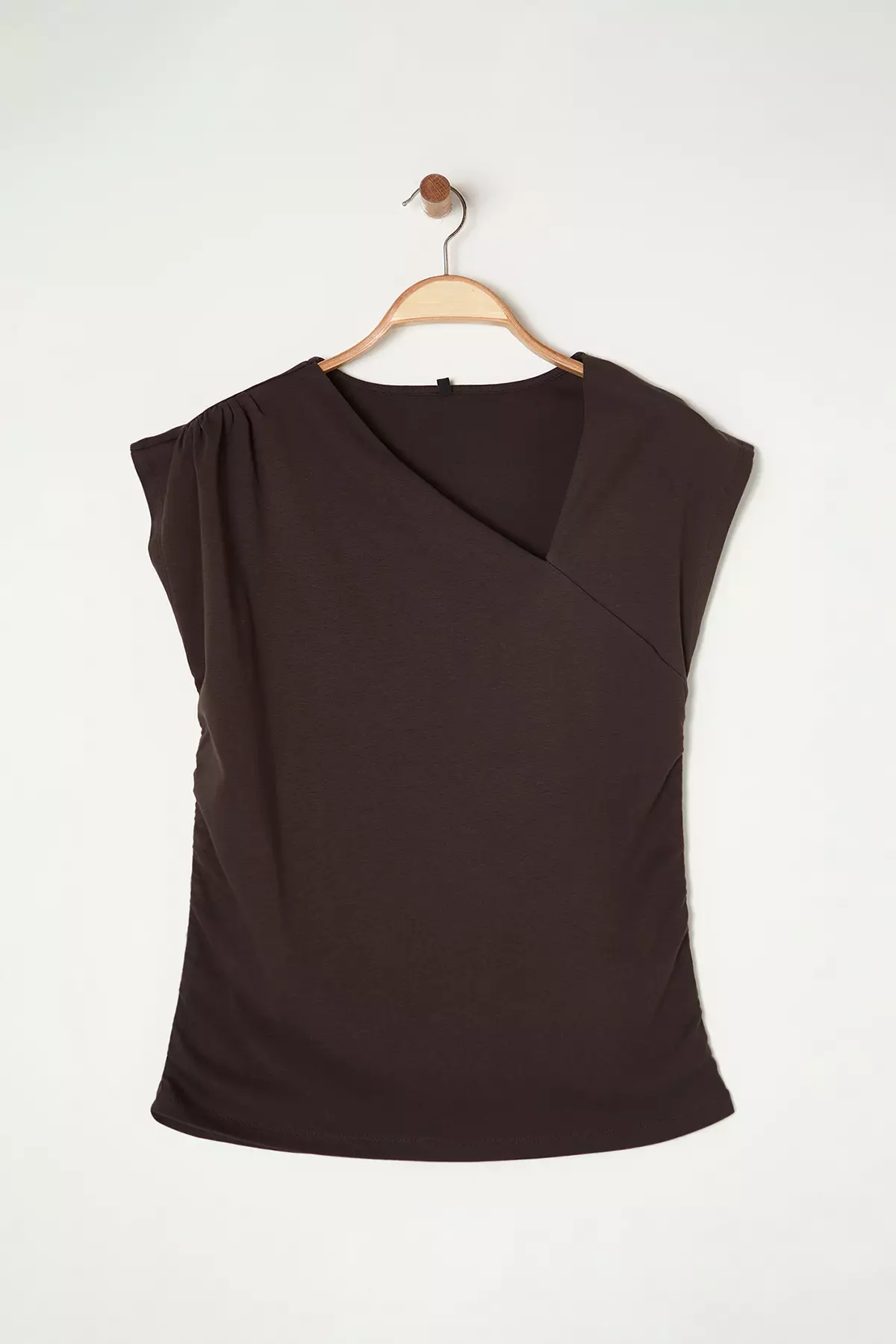 Brown Soft Fabric Asymmetrical Collar 100% Cotton Knitted Plus Size Blouse Tbbss25Af00002