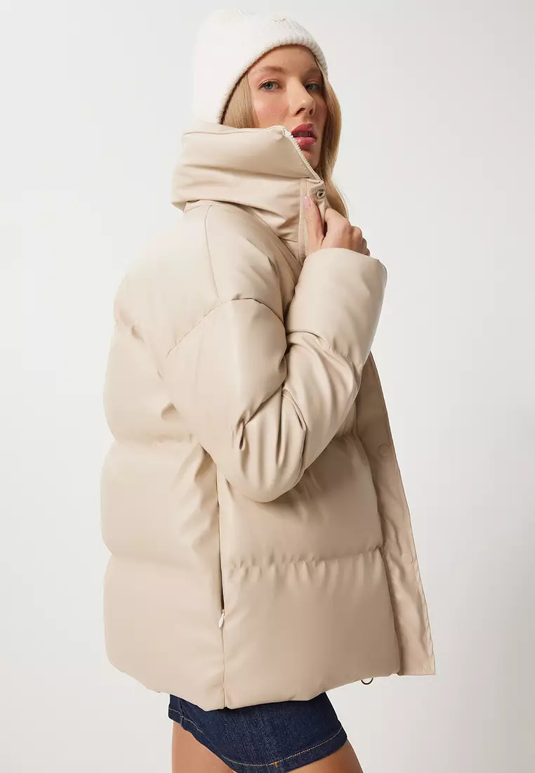 Stand Collar Faux Leather Puffer Coat